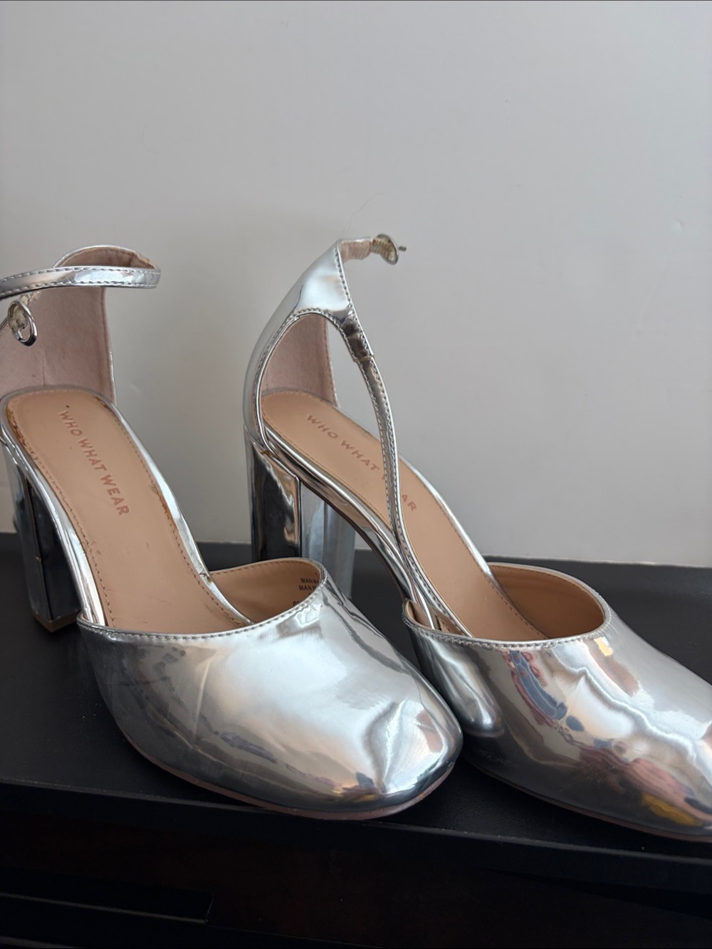 Who What Wear Silver Mirror Metallic Ankle-Strap Block Heels